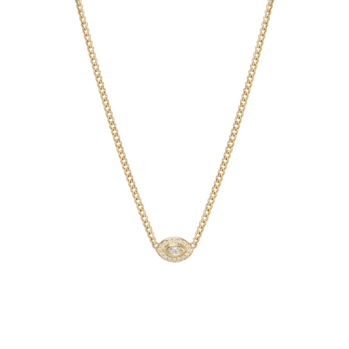 14k Extra Small Curb Chain Marquise Diamond Halo Necklace