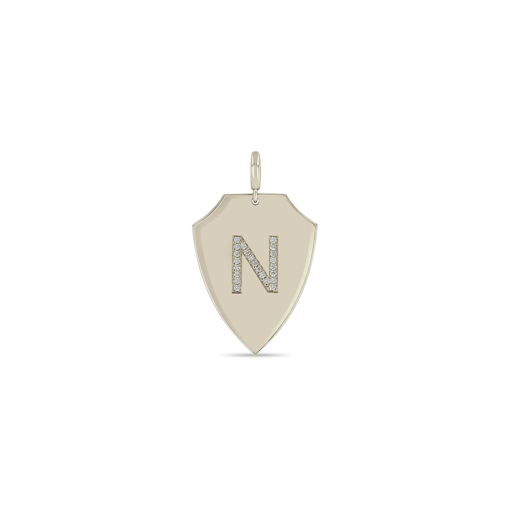 14k Single Pavé Diamond Initial with Diamond Border Large Shield Charm Pendant