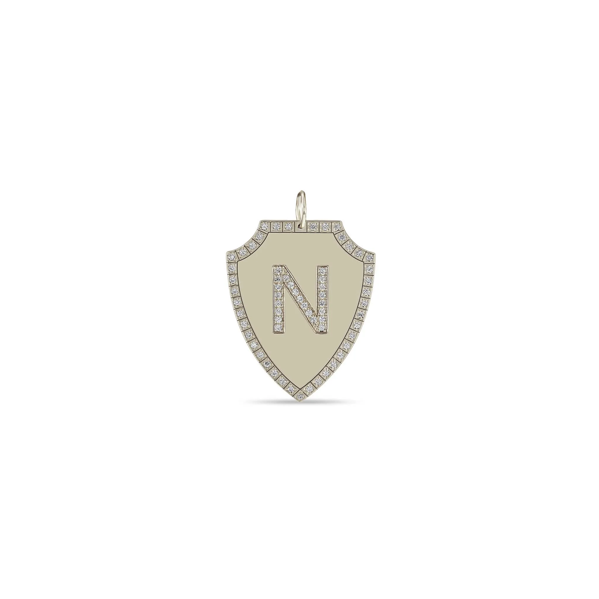 14k Single Pavé Diamond Initial with Diamond Border Large Shield Charm Pendant