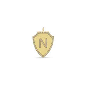 14k Single Pavé Diamond Initial with Diamond Border Large Shield Charm Pendant