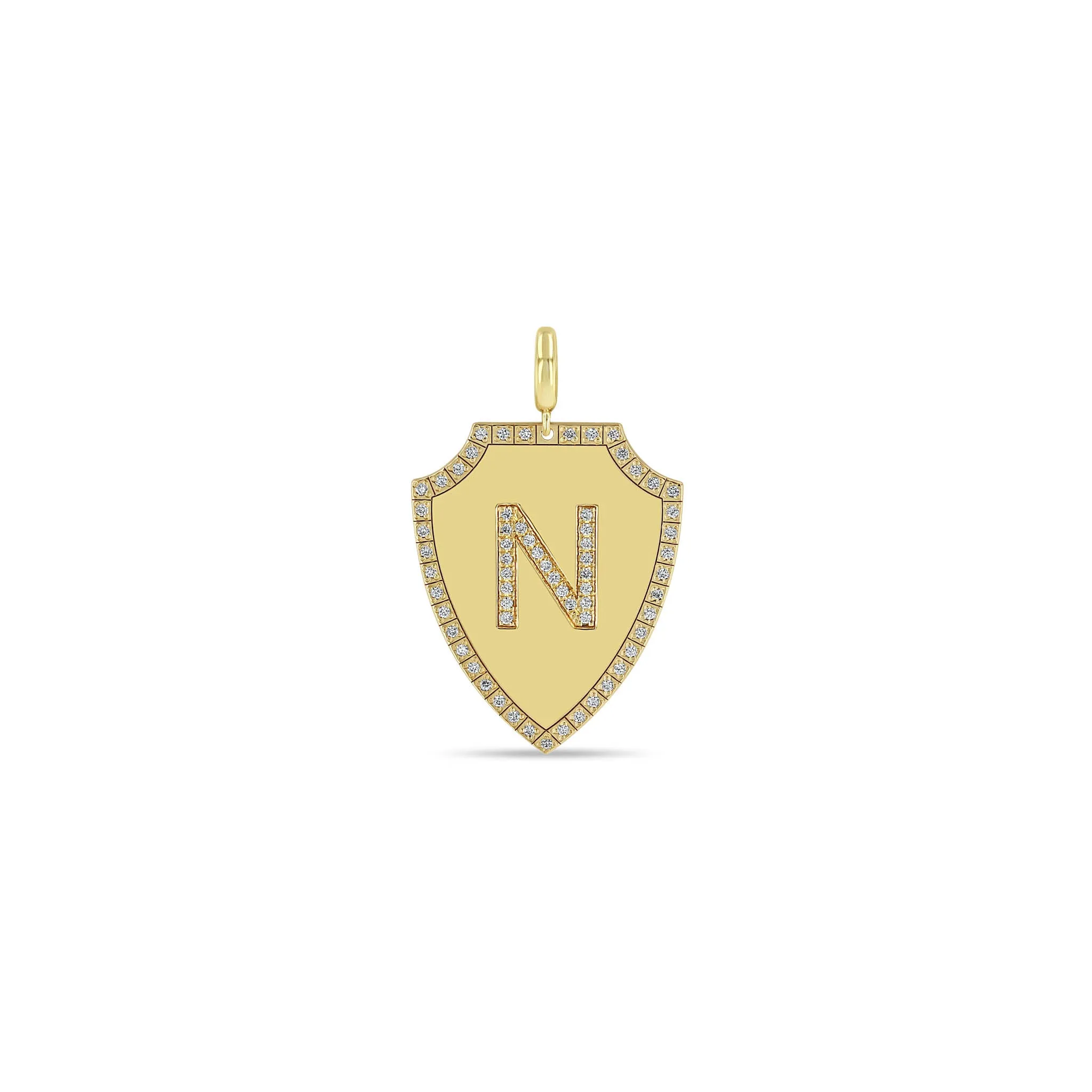 14k Single Pavé Diamond Initial with Diamond Border Large Shield Charm Pendant