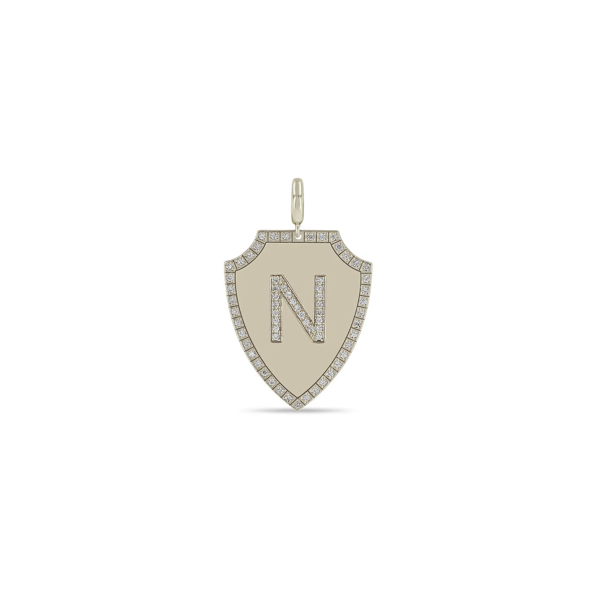 14k Single Pavé Diamond Initial with Diamond Border Large Shield Charm Pendant