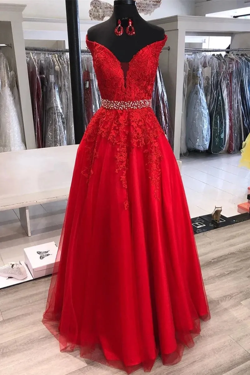 A-line Off the Shoulder Tulle Lace Long Prom Dresses with Belt Red Formal Evening Gowns