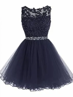 A Line Round Neck Short Navy Blue Prom Dresses, Short Navy Blue Homecoming Dresses, Formal Dresses