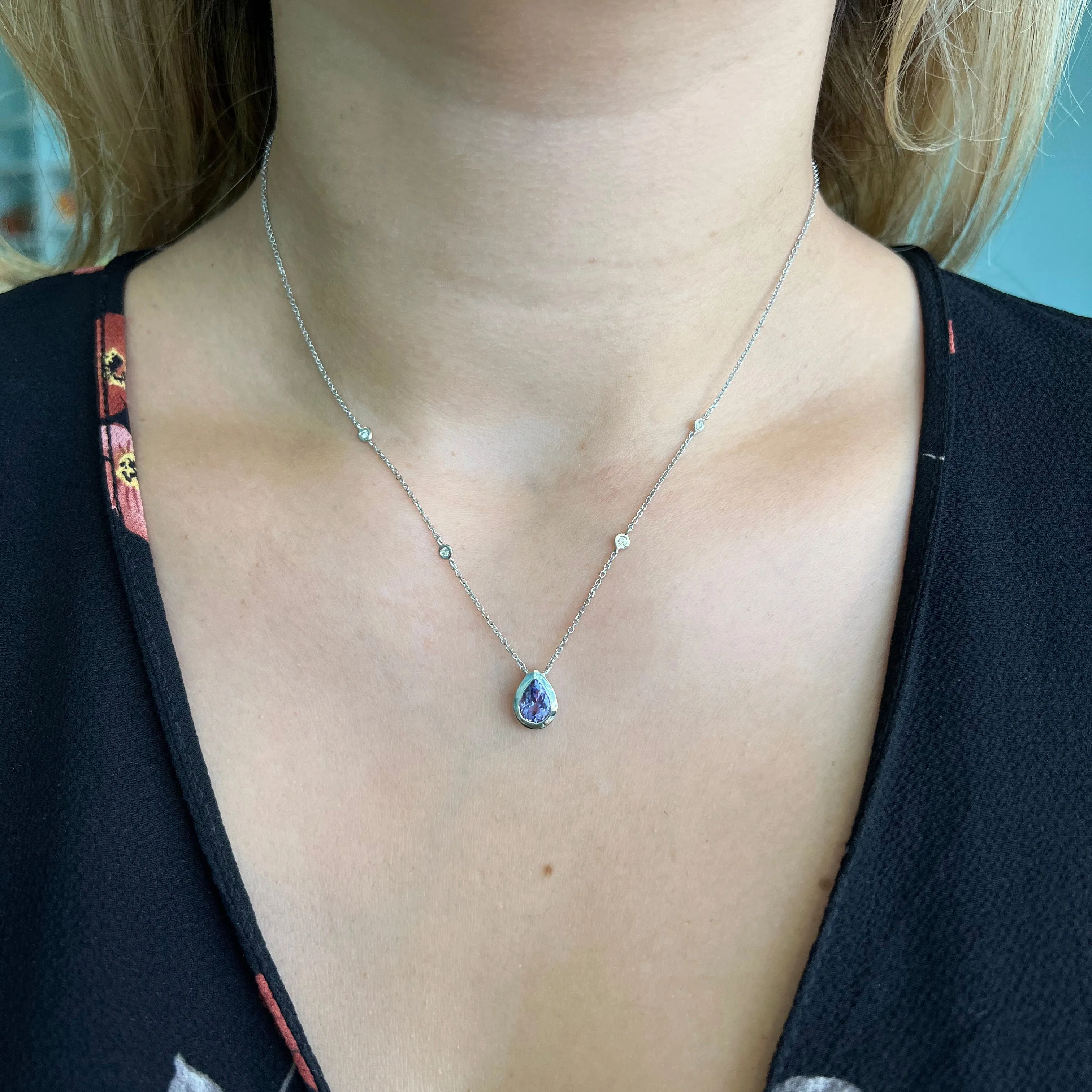 AFJ Gemstone Collection - Teardrop Pendant Necklace with Tanzanite, White Gold