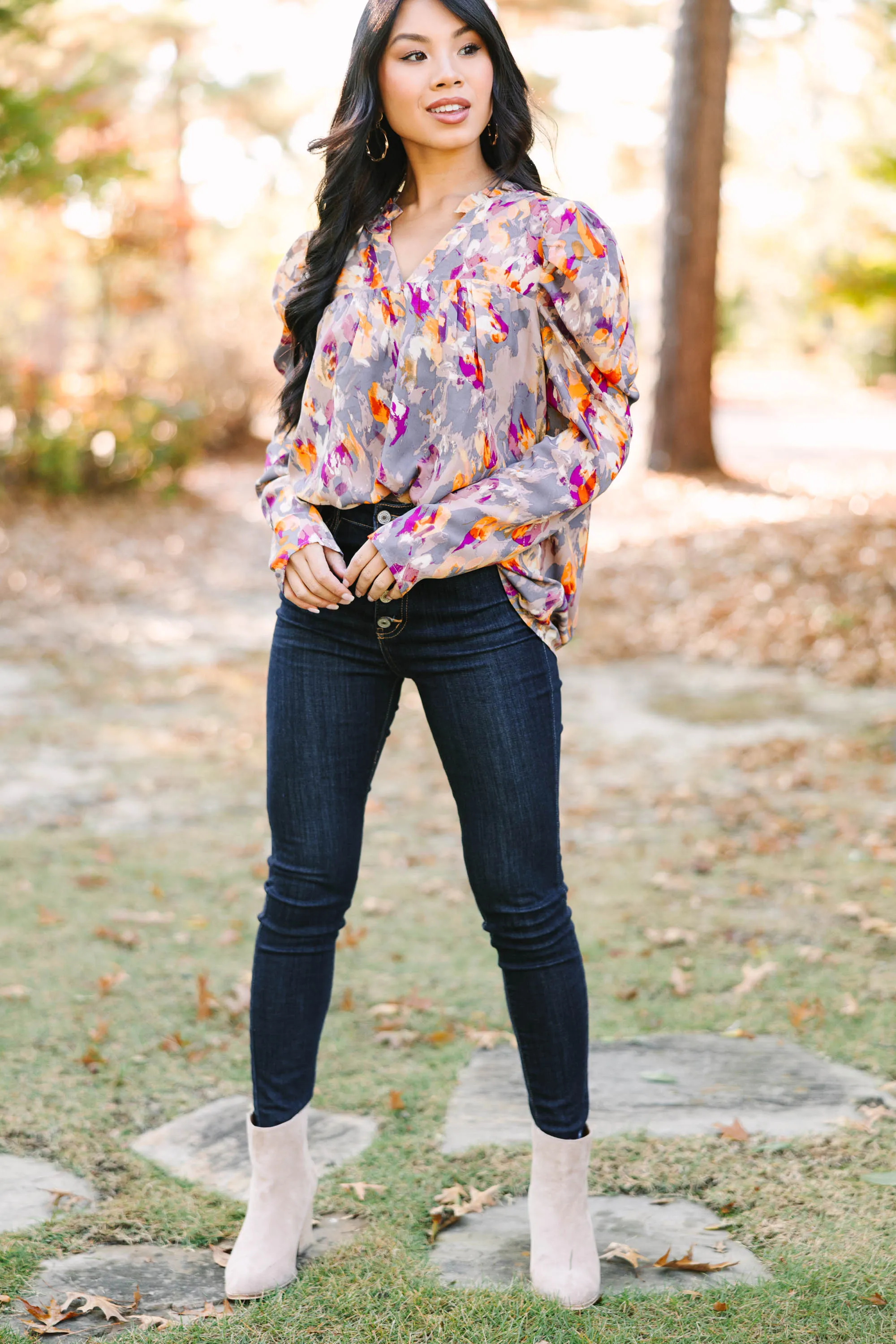 All In Order Gray Abstract Blouse