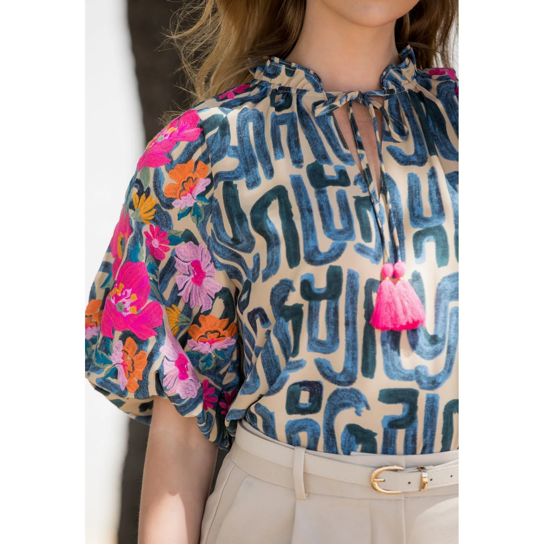 Angelina Embroidered Puff Sleeve Print THML Top