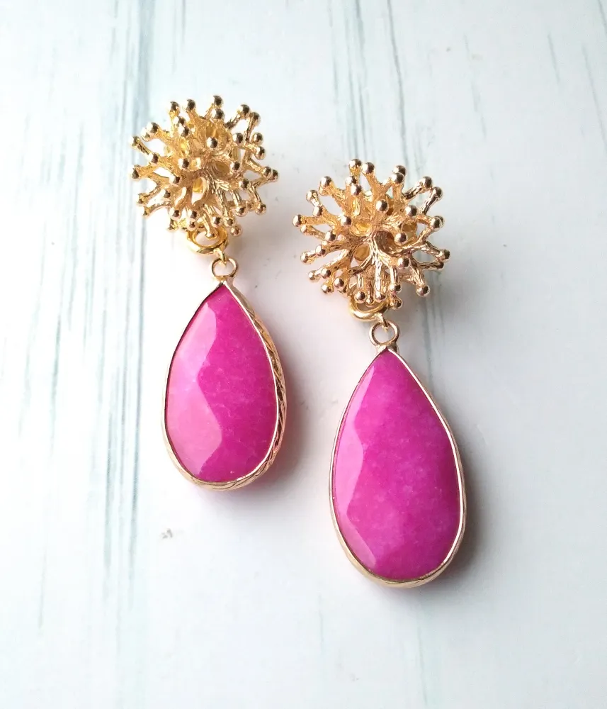 Branch Coral Stud Earrings with Hot Pink Jade Dangles