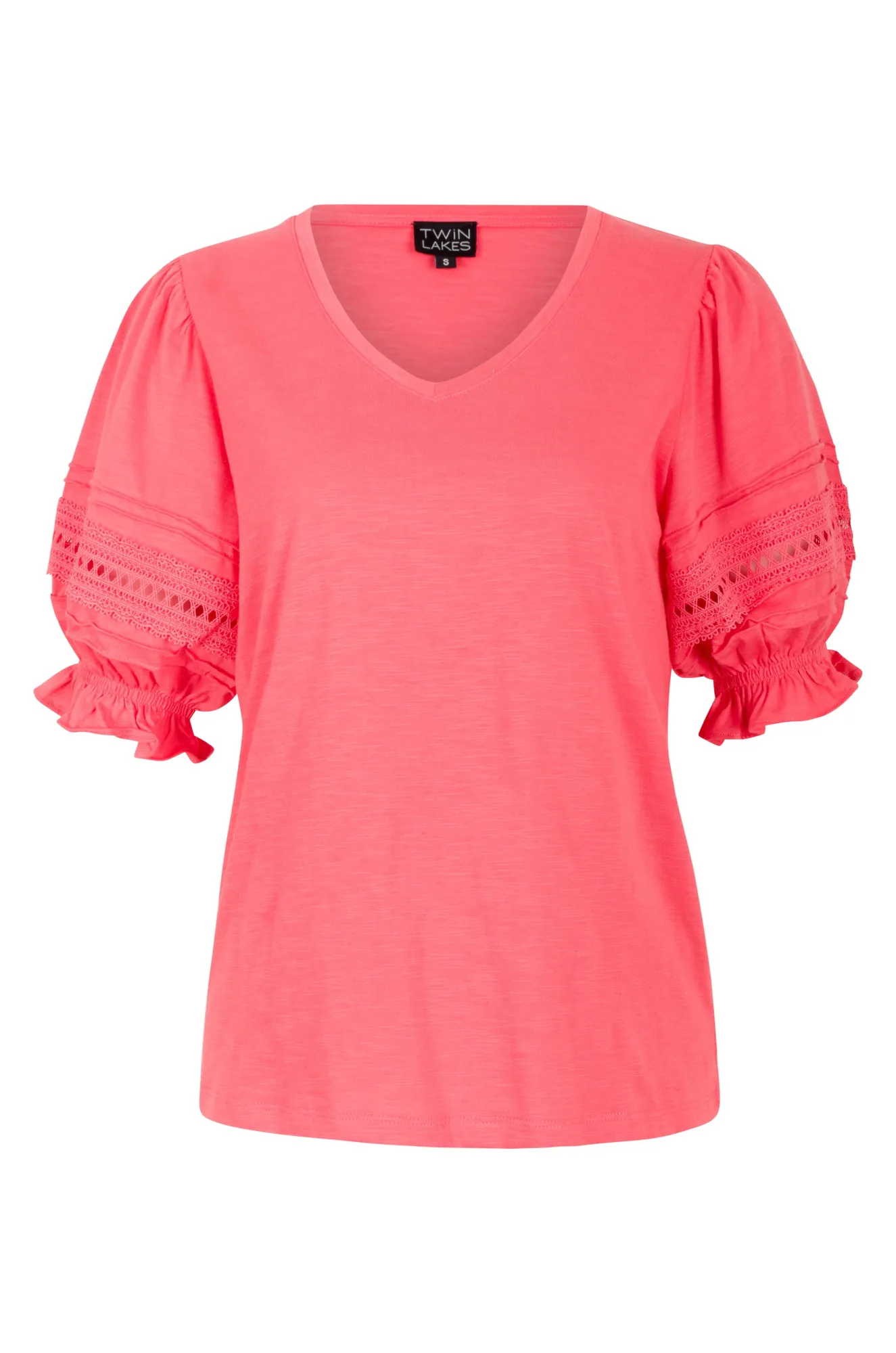 Cotton Rich Top with puff sleeve | CORAL | 6962AR