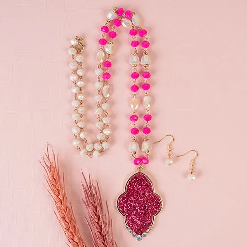 Crystal Necklace with Pink Glitter Pendant