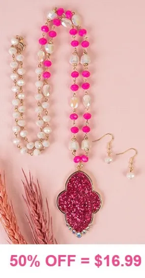 Crystal Necklace with Pink Glitter Pendant