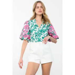 Deidra Embroidered Puff Sleeve Print THML Top SALE