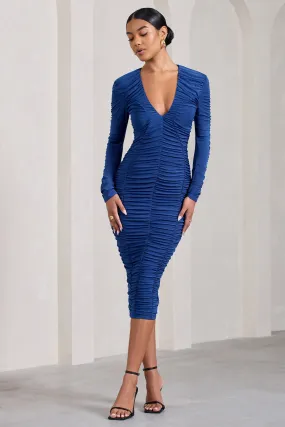 Elisabeth | Cobalt Blue V-Neck Long-Sleeved Midi Dress