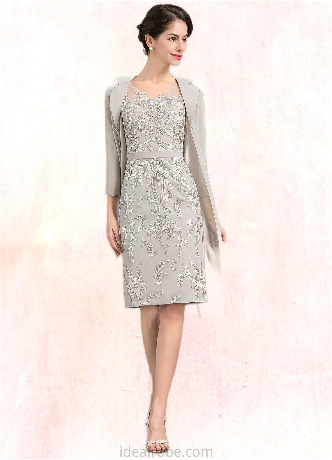 Ellie Sheath/Column V-neck Knee-Length Lace Mother of the Bride Dress STK126P0014570