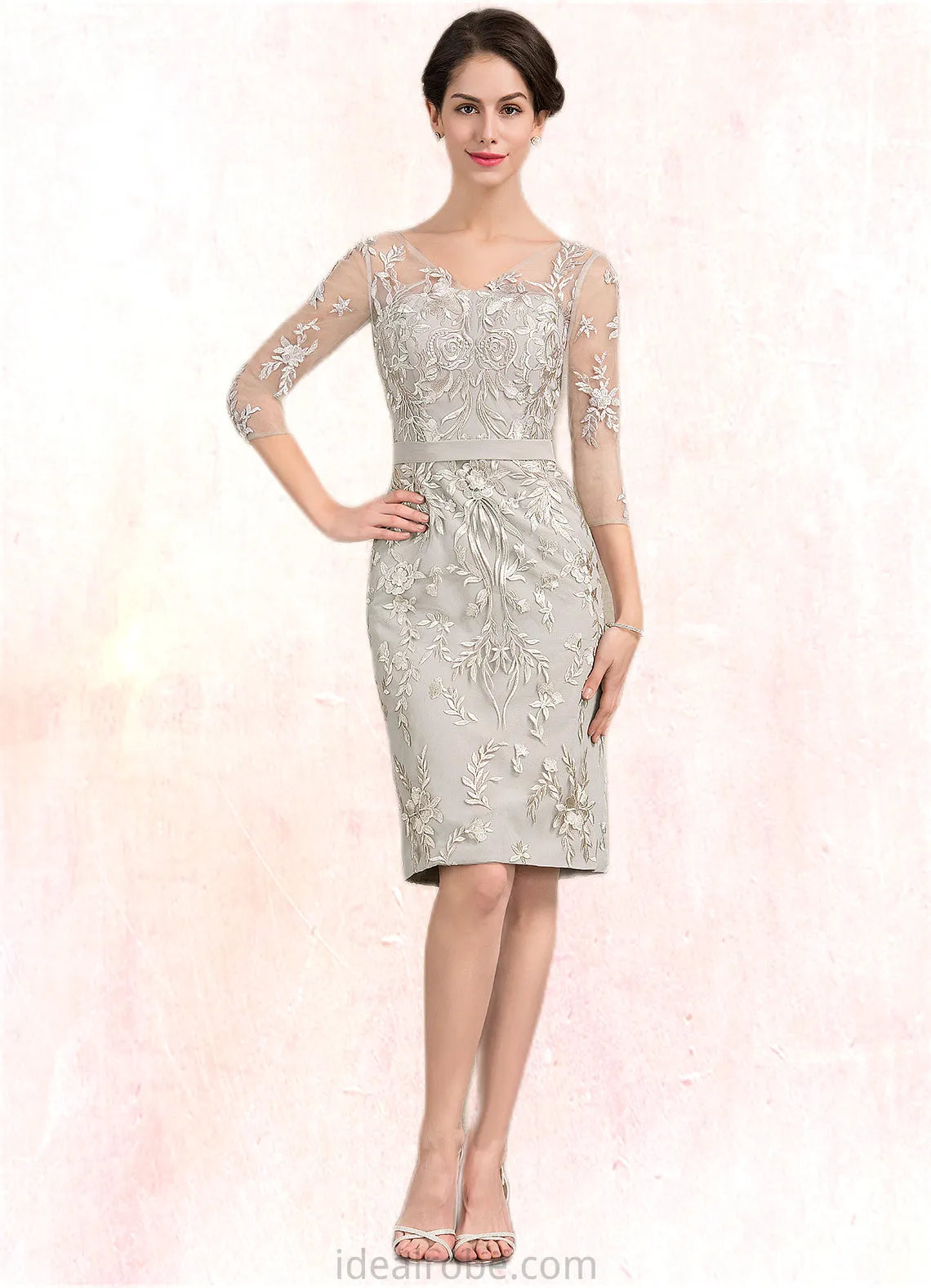 Ellie Sheath/Column V-neck Knee-Length Lace Mother of the Bride Dress STK126P0014570