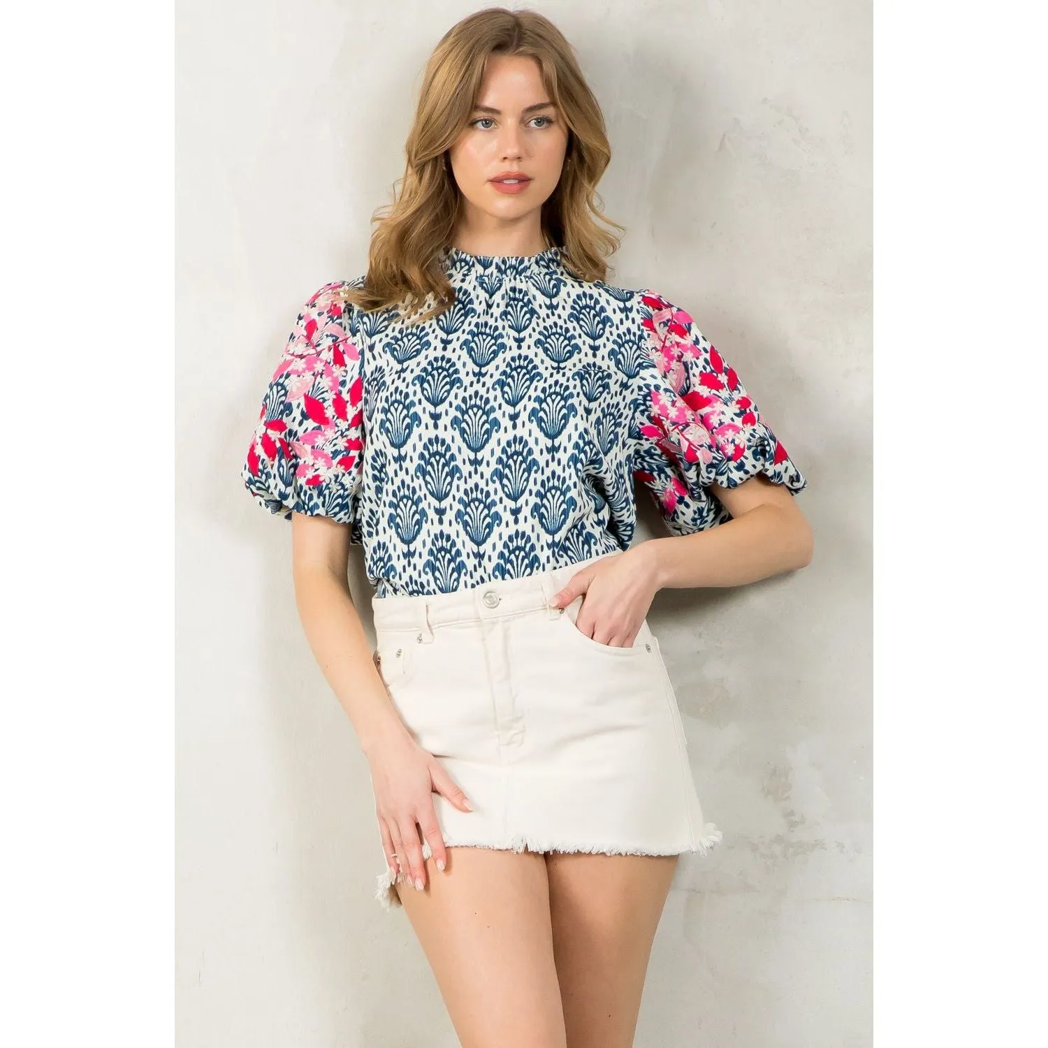 Gabrielle Embroidered Puff Sleeve Print THML Top