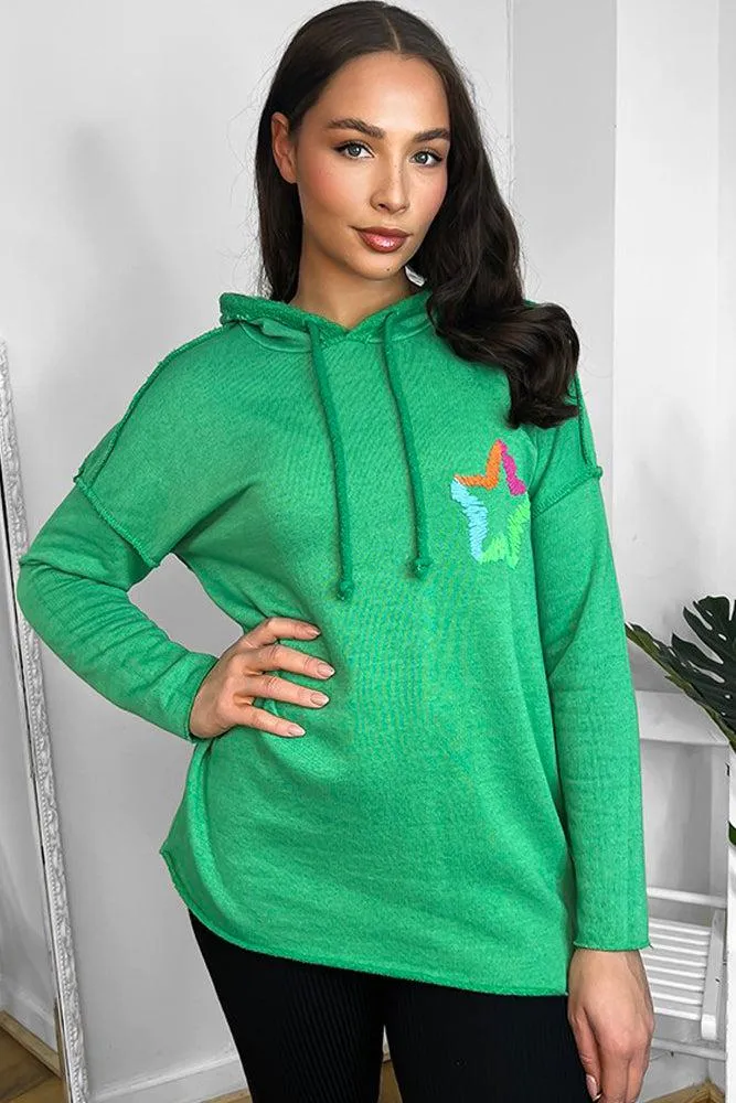 Green Cotton Blend Star Detail Hoodie