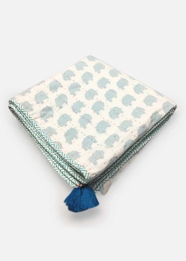 Haathi March Cotton Quilted Kantha Blanket