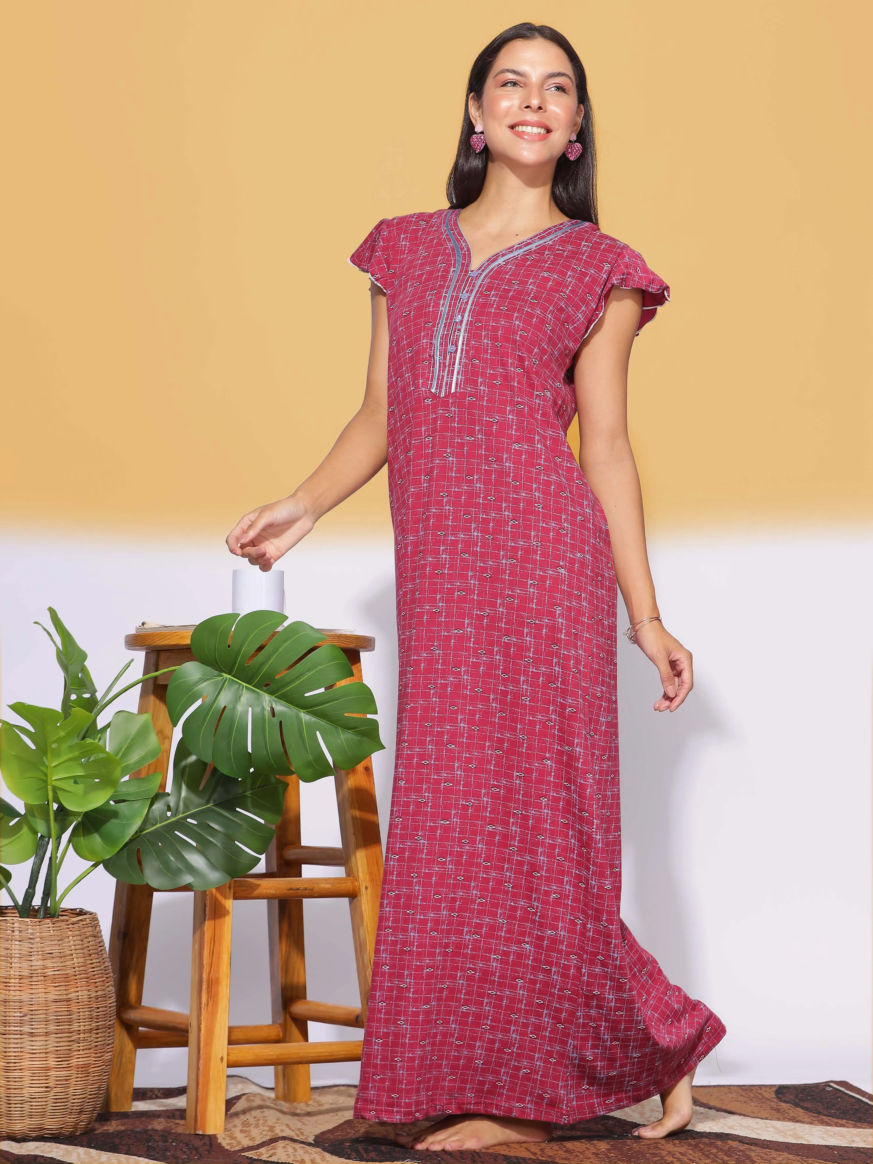 Hosiery Cotton Designer Red Maxi Nighty