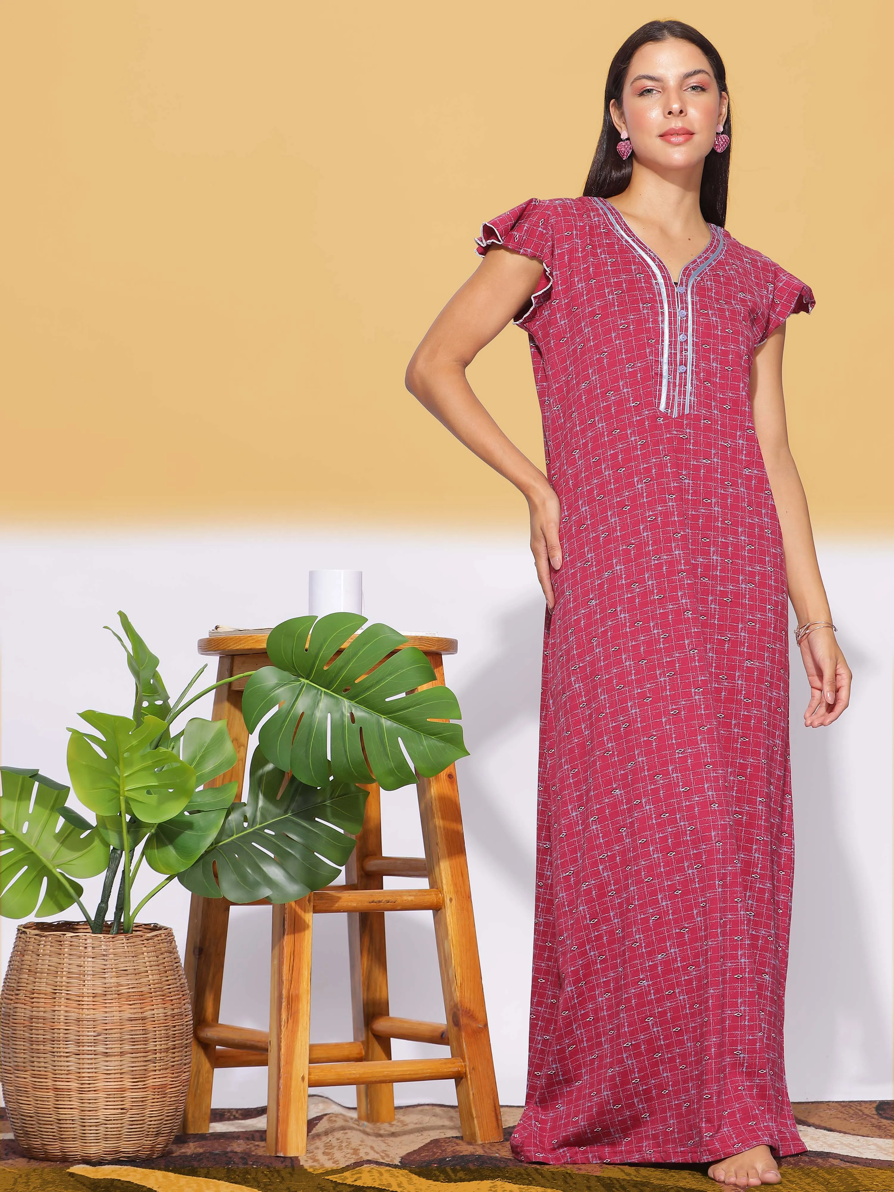 Hosiery Cotton Designer Red Maxi Nighty