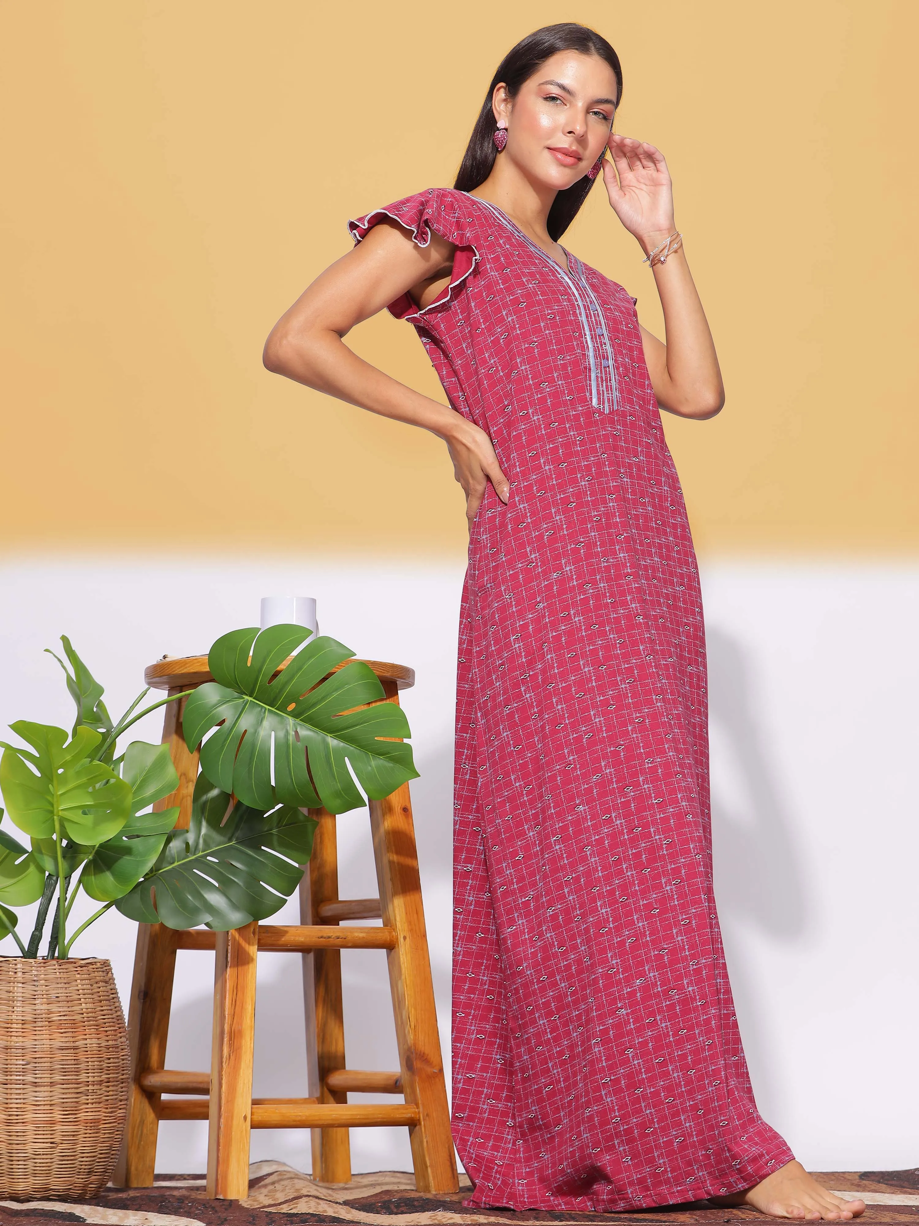 Hosiery Cotton Designer Red Maxi Nighty