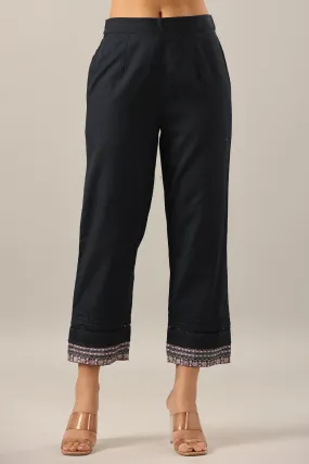 Juniper Navy Blue Solid Cotton Flex Pants With Printed Hem, Pintucks & Lace Work