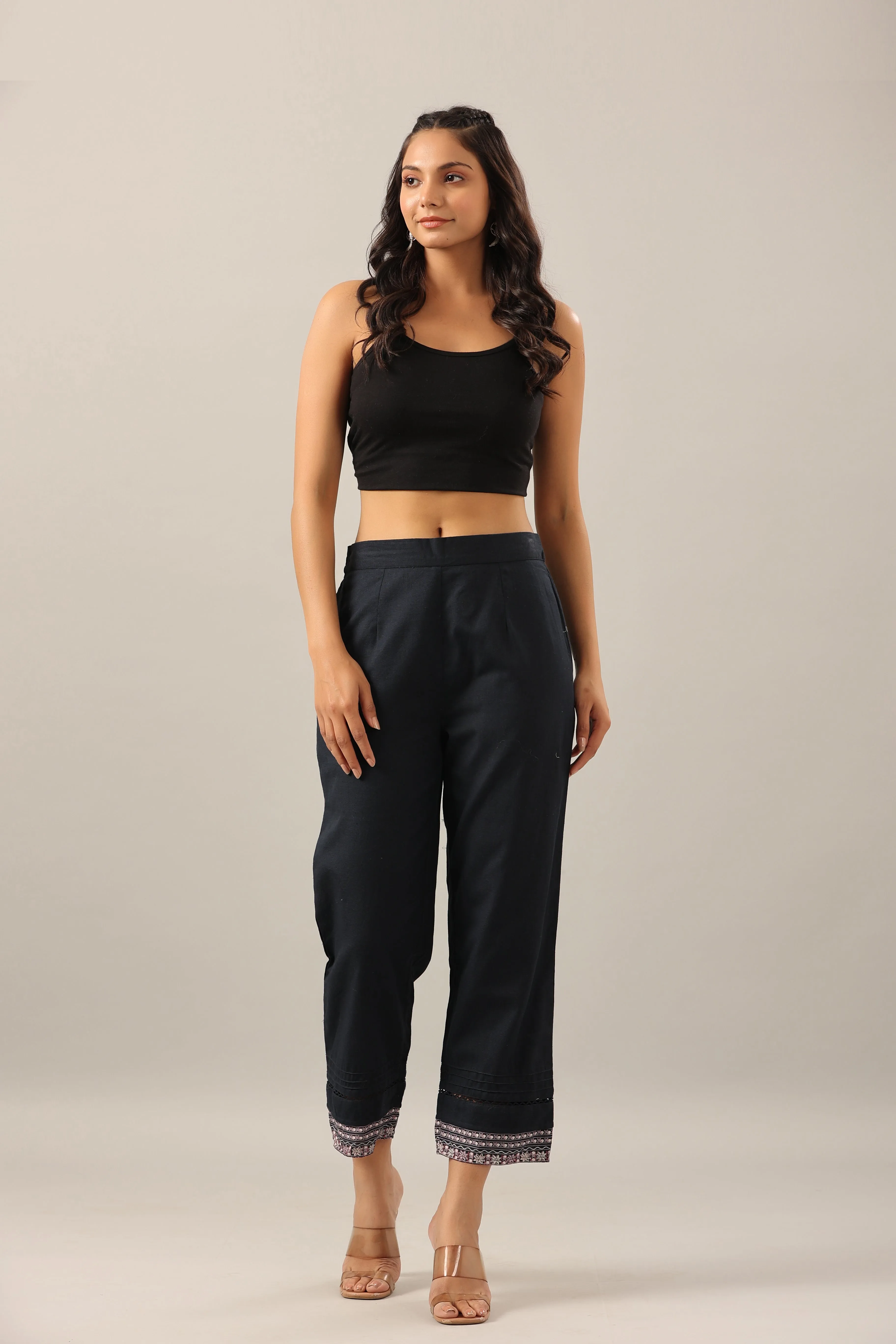 Juniper Navy Blue Solid Cotton Flex Pants With Printed Hem, Pintucks & Lace Work