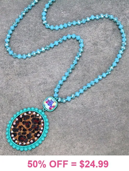 Leopard Oval pendant Turquoise crystal necklace