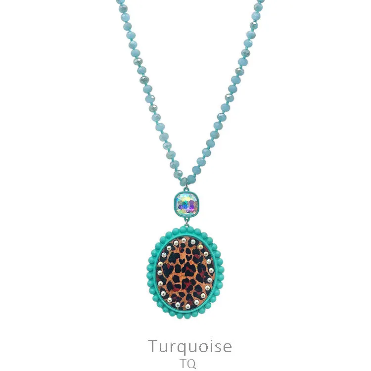 Leopard Oval pendant Turquoise crystal necklace