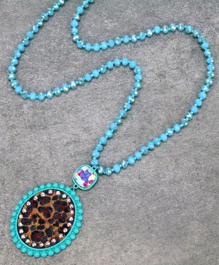 Leopard Oval pendant Turquoise crystal necklace