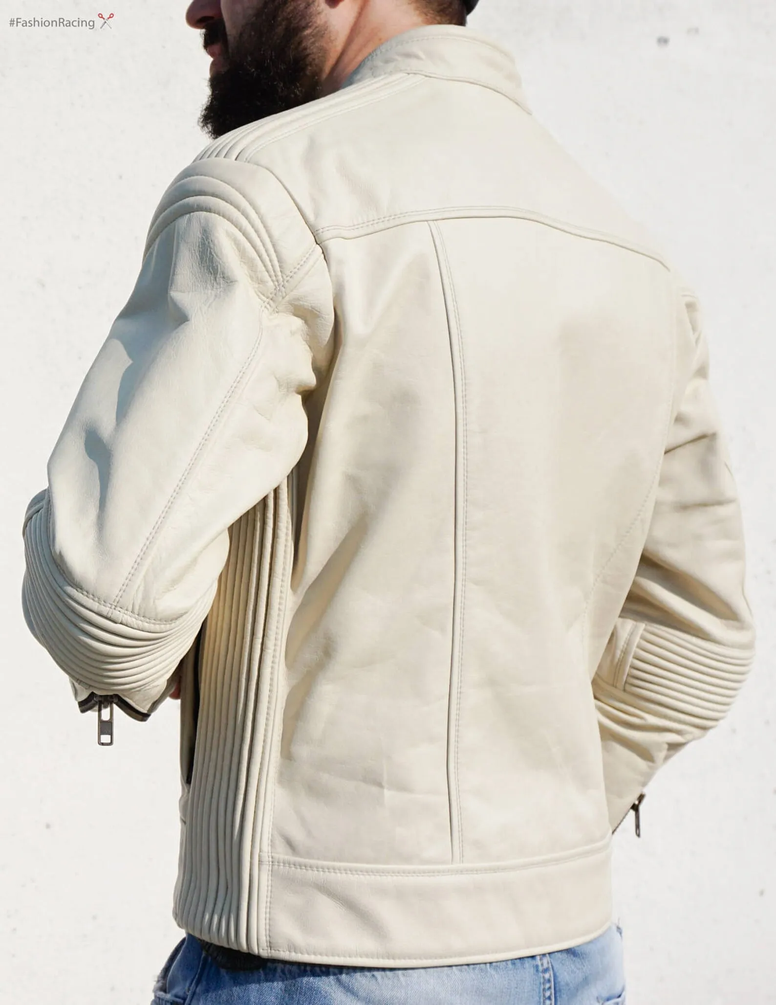 Men's cream leather jacket | Cafe-racer style | Handmade