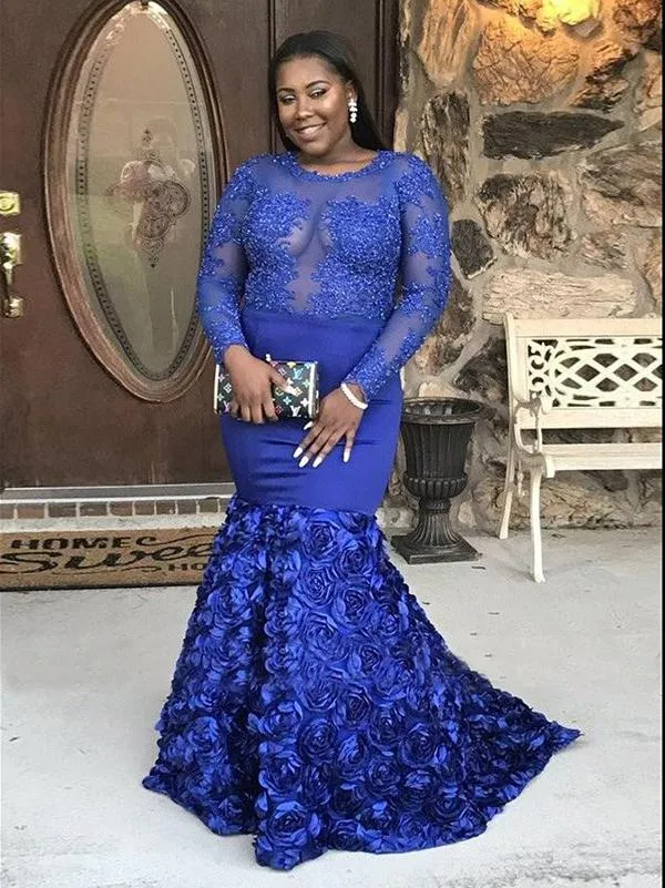 Modern Mermaid Long Sleeve Evening Dress Plus Size Royal Blue Prom Dresses ER2018