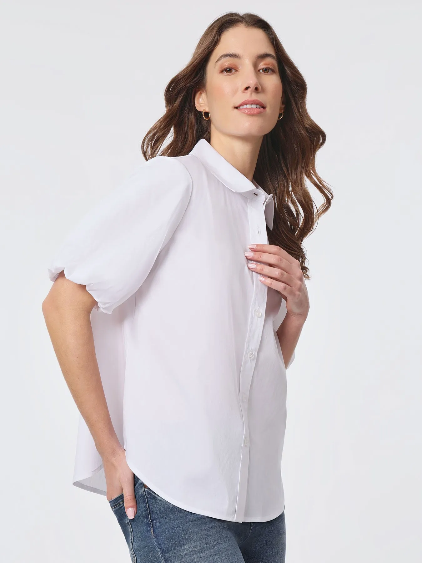 Plus Size Poplin Puff Sleeve Button Down Shirt