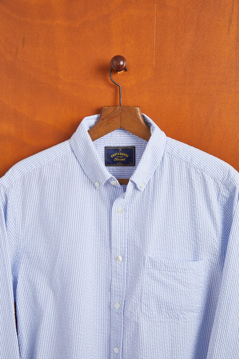 PORTUGUESE FLANNEL Atlantico Seersucker Stripe Blue Shirt