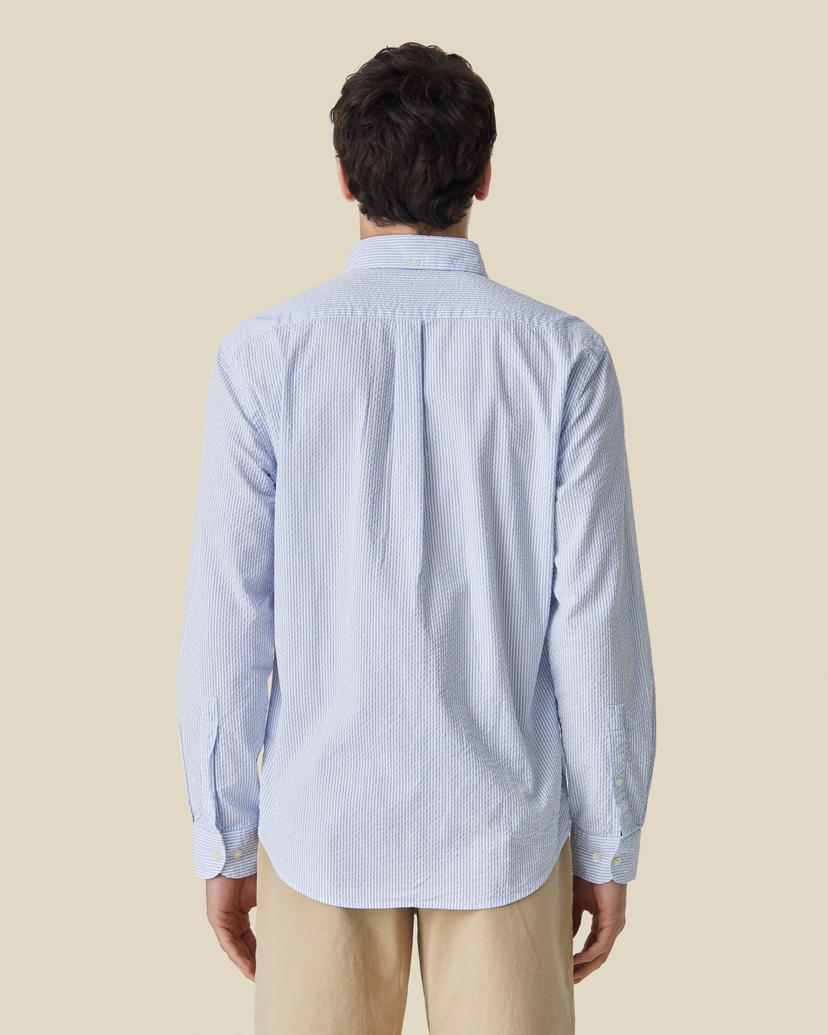 PORTUGUESE FLANNEL Atlantico Seersucker Stripe Blue Shirt