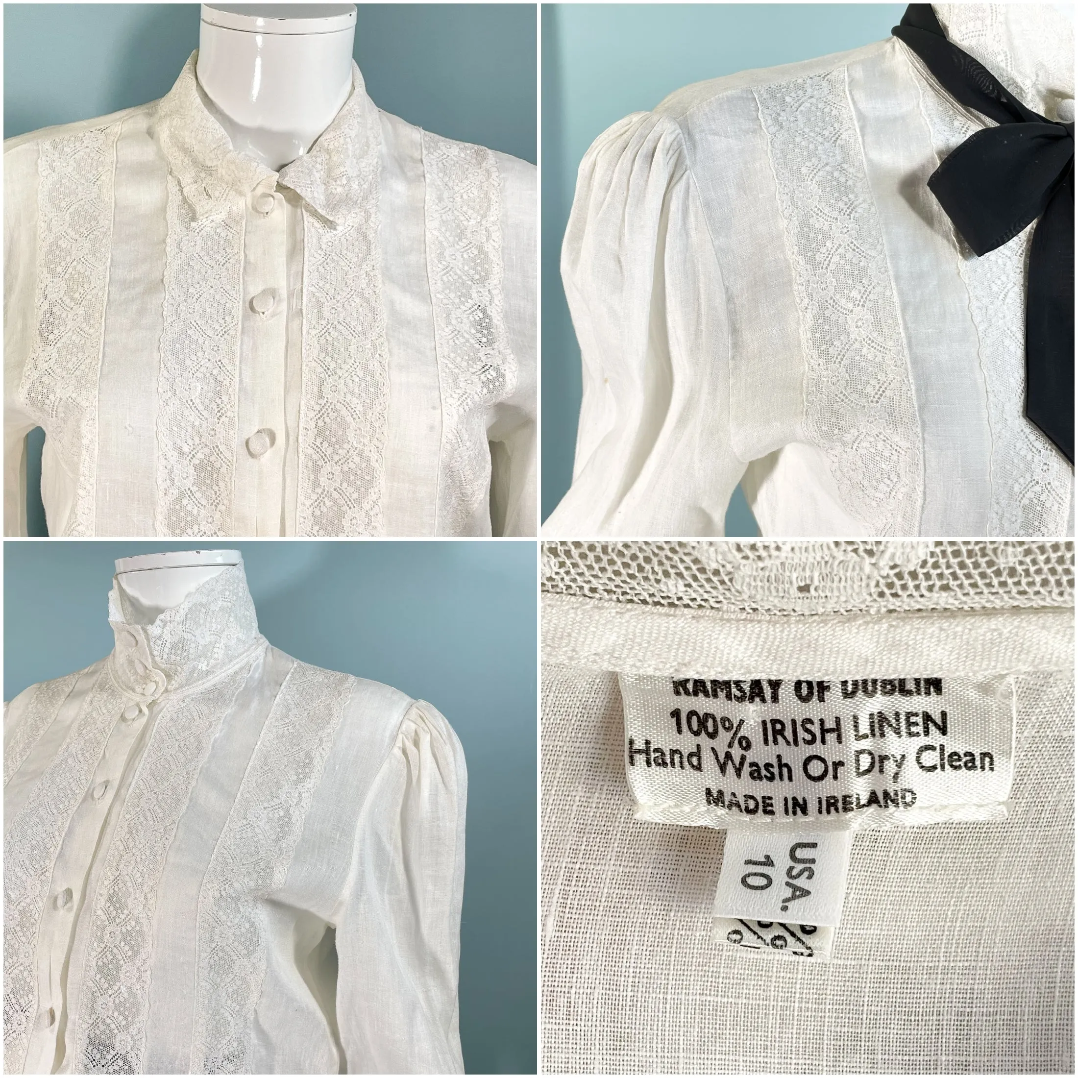 Ramsay of Ireland, Vintage White Irish Linen/Lace Victorian Style Blouse SZ 10