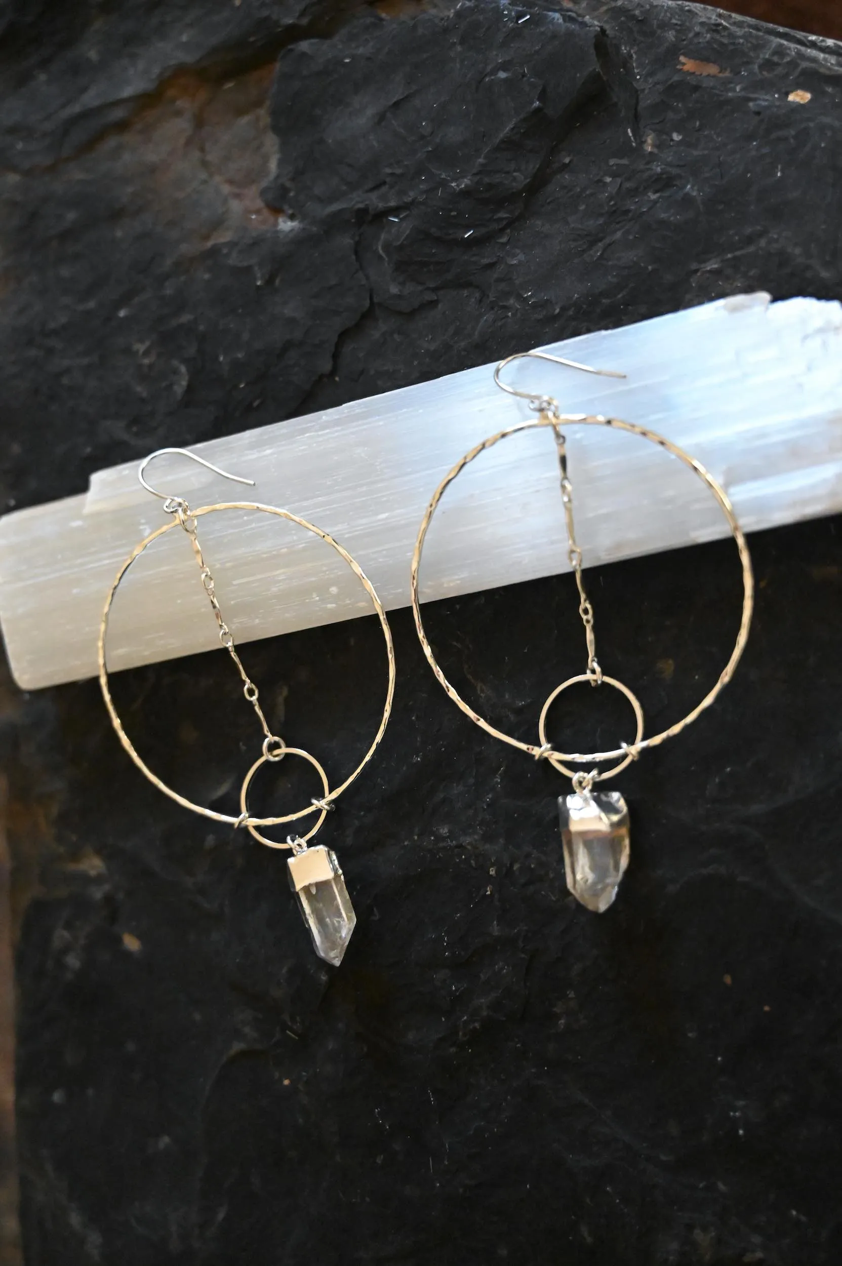 Solar Eclipse Quartz Silver Hoops