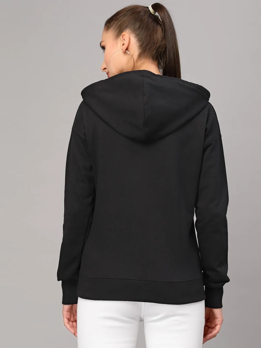 Style Quotient Women Black Printed Hooded Sweatshirt