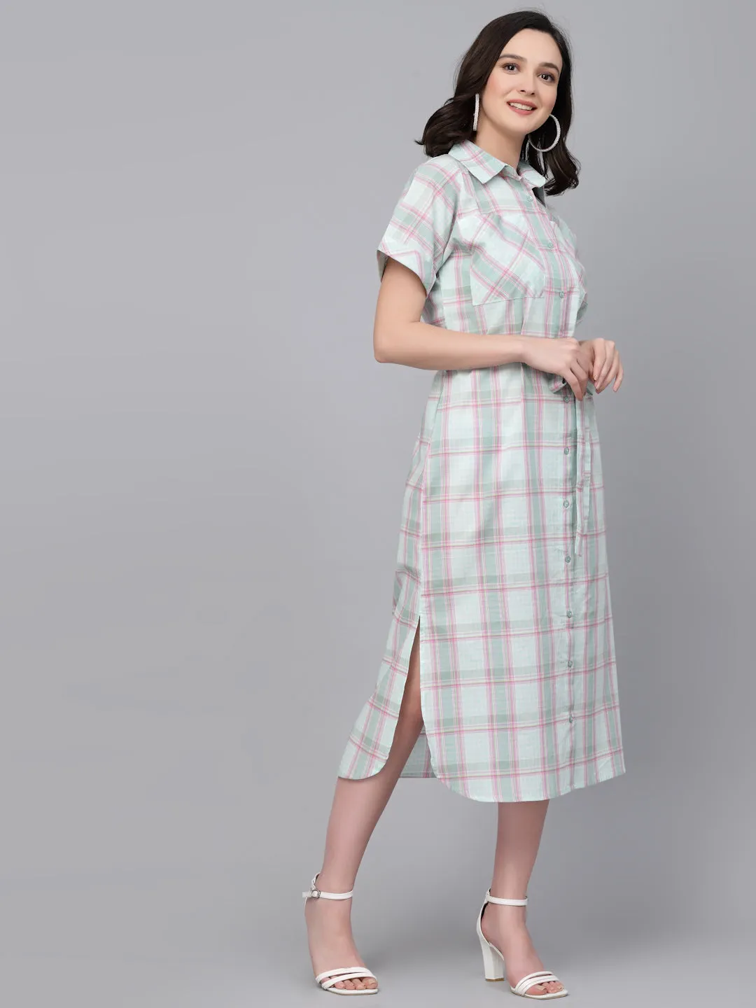 Style Quotient Women Green And Pink Checked Regular Smart Casual Shirt Dress