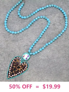 Turquoise Crystal Necklace with leopard bling heart