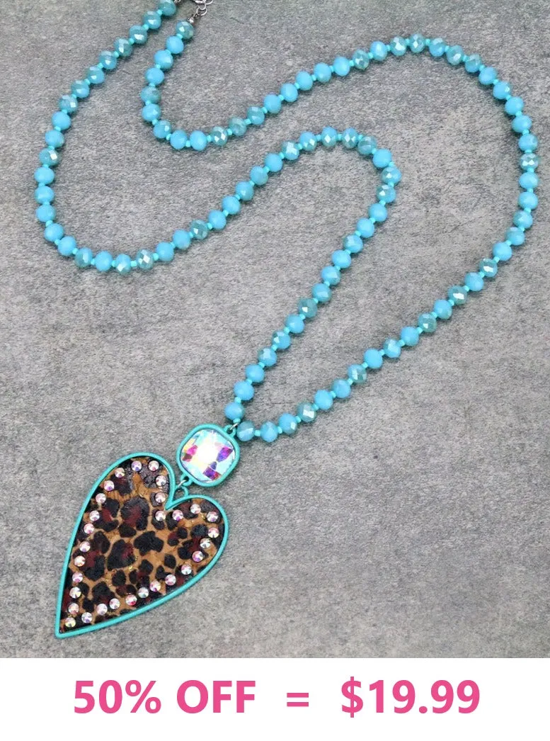 Turquoise Crystal Necklace with leopard bling heart