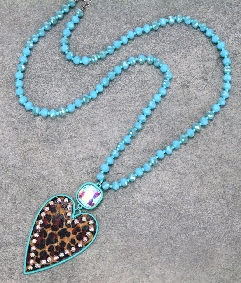 Turquoise Crystal Necklace with leopard bling heart