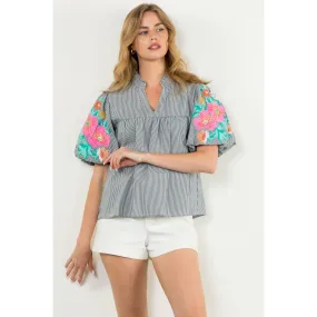 Wanda Embroidered Puff Sleeve Striped THML Top