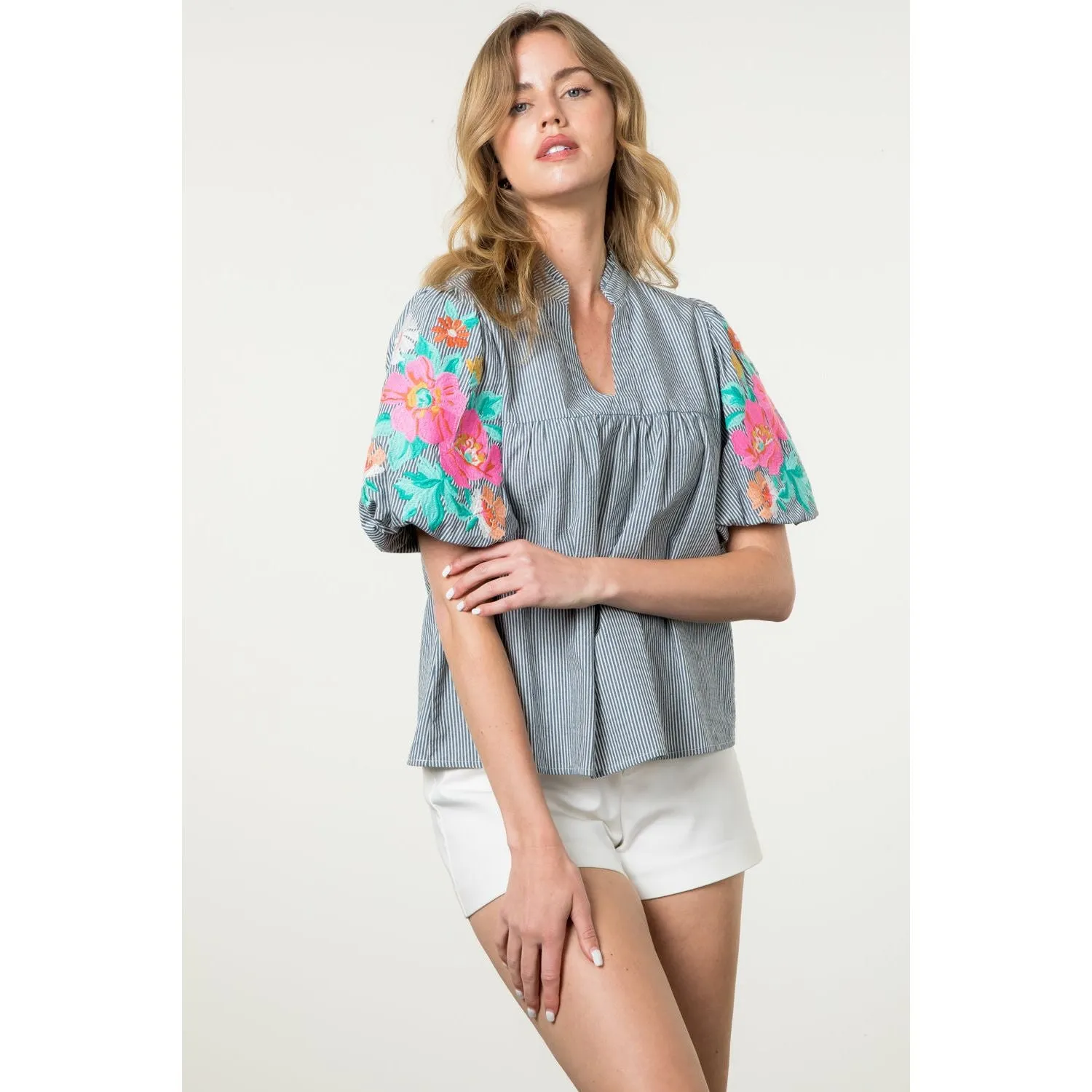 Wanda Embroidered Puff Sleeve Striped THML Top