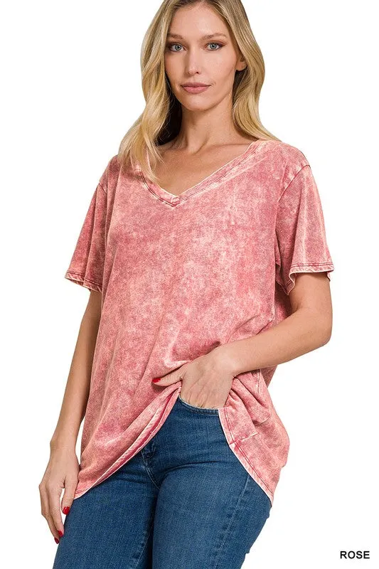 WASHED SHORT SLEEVE V-NECK TOP